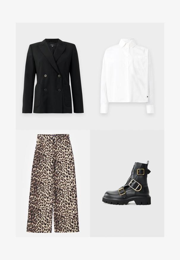 Czarna podwójnie zapinana marynarka z wytrzymałego materiału, z klapami w kształcie klina, dwiema przednimi kieszeniami i czterema czarnymi guzikami.; Biała koszula z długim rękawem, zapinana na guziki, z wyraźnym kołnierzykiem, pojedynczą kieszenią na piersi i mankietami. Wykonana z gładkiego, lekkiego materiału.; Spodnie w szerokim fasonie w panterkę wykonane z mieszanki bawełny. Posiadają wysoki stan, zapięcie na guzik oraz przednie kieszenie. Paleta kolorów obejmuje beż i czerń.; Czarne skórzane botki za kostkę z masywną podeszwą, wyposażone w liczne paski i złote akcenty. Gładka tekstura, surowy design.
