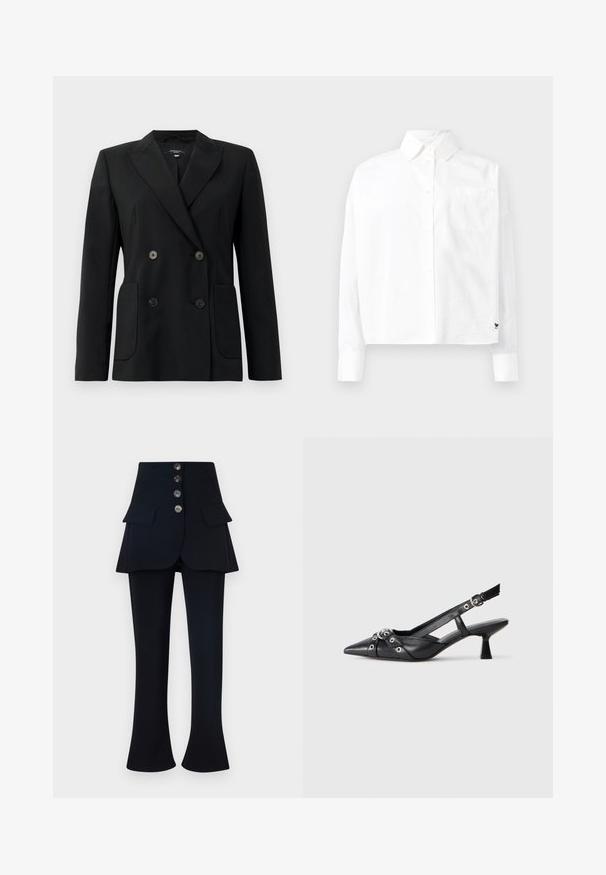 Blazer negro de doble botonadura, hecho de una tela estructurada, con solapas de muesca, dos bolsillos frontales y cuatro botones negros.; Camisa blanca de manga larga con cuello puntiagudo, un bolsillo en el pecho y mangas con puños. Fabricada en una tela suave y ligera.; Pantalones negros con una superposición de falda en capas, que cuenta con cuatro botones y dos bolsillos frontales. La tela es suave, con una silueta ajustada y perneras acampanadas.; Zapato de slingback negro de piel con punta afilada, correas decorativas con ojales de metal y un tacón bajo y ancho. Superficie texturizada.