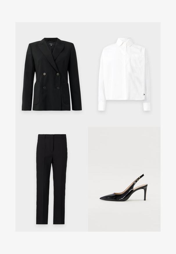 Musta kaksirivinen bleiseri, joka on valmistettu jämäkästä kankaasta ja jossa on asetelmalapelit, kaksi etutaskua ja neljä mustaa nappia.; Valkoinen pitkähihaista nappipaitaa, jossa on kärjellinen kaulus, yksi rintatasku ja käänteet hihansuissa. Valmistettu sileästä, kevyestä kankaasta.; Mustat housut, joissa on räätälöity istuvuus, suorat lahkeet, sivutaskut ja sileä kankaan rakenne.; Musta lakattu nahkainen slingback-korkokenkä, jossa on terävä kärki, kapea korko ja hillitty leikkaussuunnittelu. Varressa on kultainen solki.