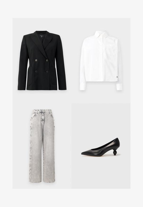 Čierny dvojradový blejzer vyrobený z pevnej látky, s klopami, dvoma prednými vreckami a štyrmi čiernymi gombíkmi.; Biela dlhá košeľa s hodvábnymi rukávmi, so špicatým golierom, jednou náprsníkovou vreckom a manžetami. Vyrobená z hladkého, ľahkého materiálu.; Iro ANDREEA - Široké nohavice - mixed grey; Čierna kožená vysoká topánka na podpätku s ostrým špičkou a okrúhlym, guľatým podpätkom. Hladký povrch s moderným, minimalistickým dizajnom.
