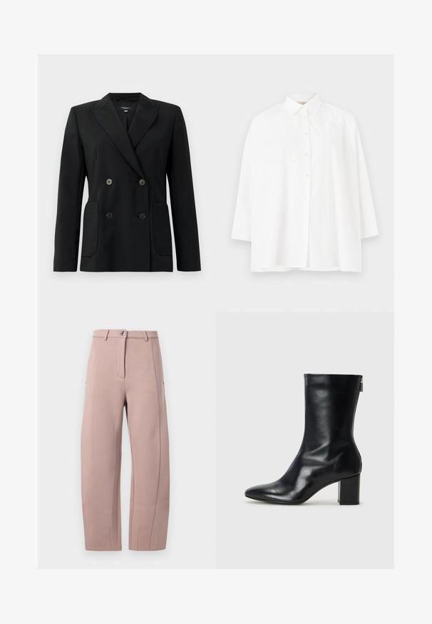Fekete, kétsoros zakó, amely strukturált anyagból készült, kihajtott gallérral, két elülső zsebbel és négy fekete gombbal rendelkezik.; Fehér, gombos ing klasszikus gallérral, hosszú ujjú és laza szabású. Simított pamut anyag, látható minták vagy kiemelések nélkül.; Puha, világos rózsaszín anyagból készült nadrág, egyenes szabással, elől cipzárral, gombos záródással és oldalsó zsebekkel. Sima tapintás, varrás részletekkel.; Fekete bőr bokacipő hegyes orral és 4 cm-es blokkfallal. Simán díszített designja oldalra nyíló cipzárral rendelkezik, ami megkönnyíti a felvételt. Simább textúrával.