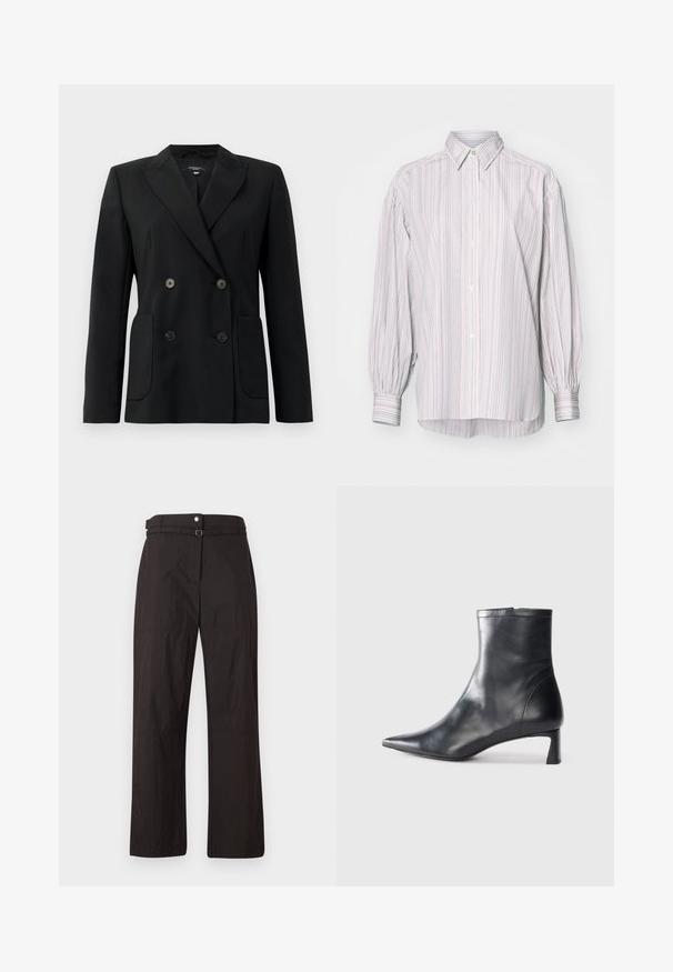 Blazer preto de dupla face feito de tecido estruturado, apresentando lapelas com corte em notch, dois bolsos frontais e quatro botões pretos.; Camisa de botões às riscas em cores claras, com colarinho clássico, mangas longas bufantes e uma bainha traseira ligeiramente mais longa.; Calças largas pretas com uma textura suave, apresentando um fecho de botão e um passante para cinto na cintura. Inclui detalhes de costura subtil.; Bota de tornozelo em pele preta com biqueira apontada e um design elegante. Apresenta um salto baixo e um fecho com zipper na parte de trás. Textura suave.