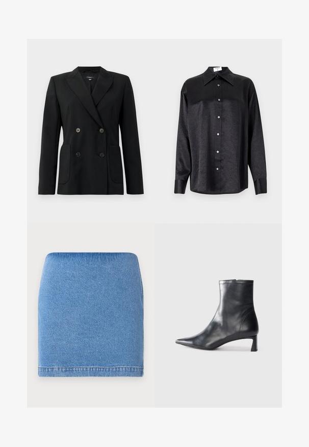 Juodas dvigubas švarkas, pagamintas iš struktūruotos medžiagos, su išpjautomis atlapomis, dviem priekinėmis kišenėmis ir taisyklingais juodais mygtukais.; Juodas ilgarankovis marškinis su apykakle, turintis plėšyta tekstūra, visiško mygtukų uždarymo priekyje ir rankogaliais. Pagamintas iš lygaus audinio.; Šviesiai mėlyna džinsinė mini sijonas su prigludusia forma, tiesia apatine dalimi ir subtiliu tekstūru. Nėra matomų užsegimų ar kišenių.; Juodas odinis kulkšninis batas su smailiu pirštu ir elegantišku dizainu. Turi žemą kulną ir užtrauktuką gale. Lygi tekstūra.