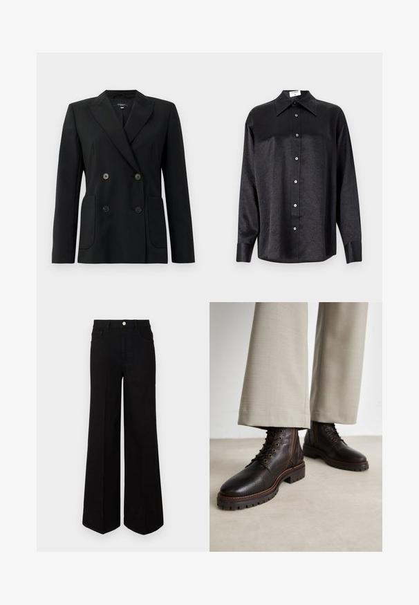 Black double-breasted blazer made of structured fabric, featuring notch lapels, two front pockets, and four black buttons.; Black long-sleeve shirt with a collared neckline, featuring a crinkled texture, full button front, and cuffs. Made from a smooth fabric.; Black wide-leg jeans made of sturdy fabric, featuring a high waist, front pockets, and a front button closure. Flat hem at the bottom.; Dark brown leather boots with a textured finish, featuring lace-up design, round toe, and rugged rubber soles. Complemented by contrasting stitching.