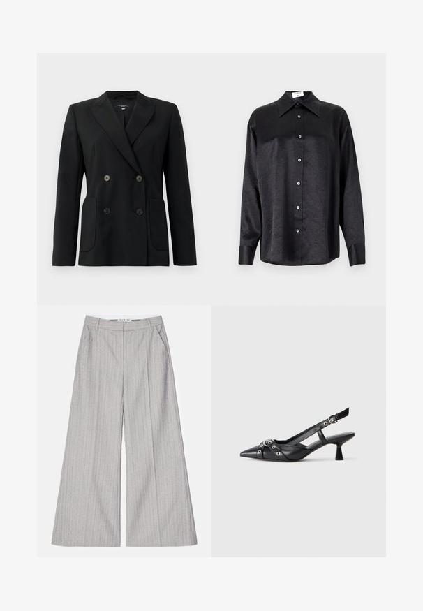 Black double-breasted blazer made of structured fabric, featuring notch lapels, two front pockets, and four black buttons.; Black long-sleeve shirt with a collared neckline, featuring a crinkled texture, full button front, and cuffs. Made from a smooth fabric.; Gray wide-leg trousers with vertical pinstripes, featuring a smooth texture and subtle shimmer. Includes front pockets and a waistband.; Black leather slingback shoe with a pointed toe, decorative straps featuring metal eyelets, and a low block heel. Textured surface.