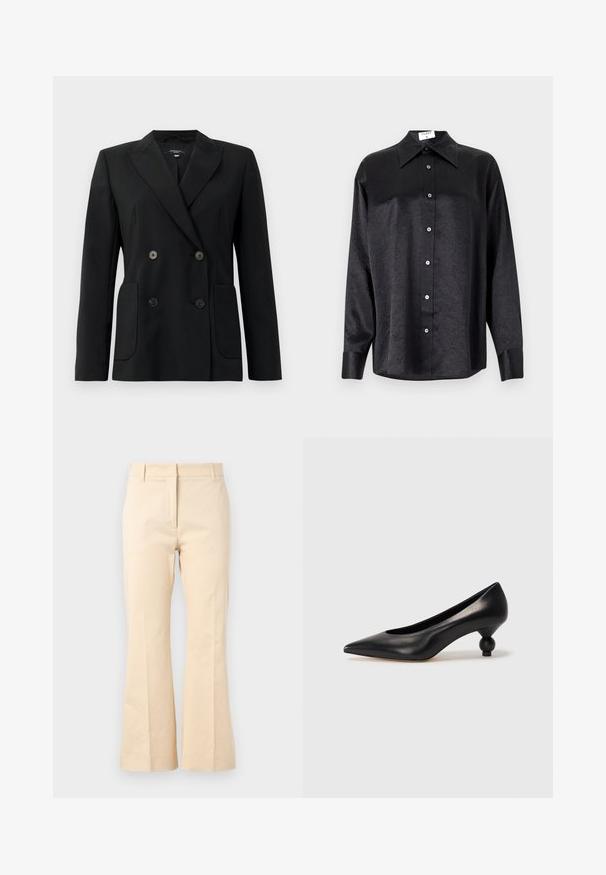 Zwarte dubbelgebreide blazer van gestructureerde stof, met notch revers, twee voord pockets en vier zwarte knopen.; Zwarte blouse met lange mouwen en een kraag, voorzien van een gekreukt oppervlak, volwaardige knopen aan de voorkant en manchetten. Gemaakt van een gladde stof.; Beige flared broek gemaakt van katoen. Heeft een gladde textuur, rechte tailleband en een voornaad voor een gepolijste uitstraling.; Zwarte leren hoge hak schoen met een spitse neus en een ronde, bolle hak. Gladde textuur met een elegant, minimalistisch ontwerp.