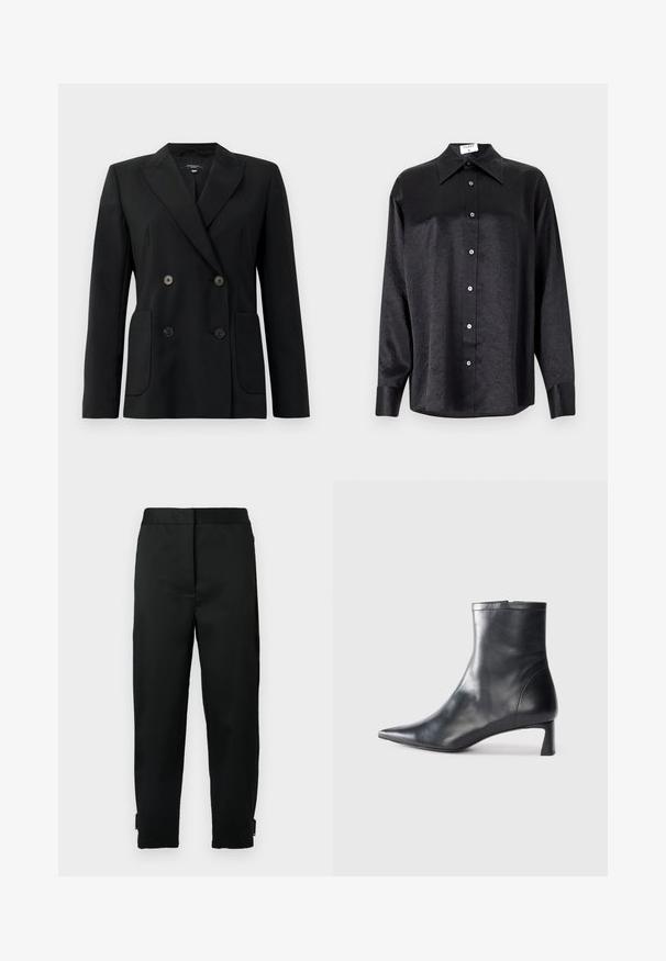 Svart dubbelknäppt blazer i strukturerad tyg, med snedskärning på slag, två framfickor och fyra svarta knappar.; Svart långärmad skjorta med krage, med en krinklad textur, full knappstängning och manschetter. Tillverkad av ett glatt tyg.; Svarta avsmalnande byxor i mjukt tyg med midjeband, sidofickor och dragkedja vid fållen för justerbar passform.; Svart läder ankelboot med spetsig tå och en smidig design. Har en låg klack och en dragkedjestängning bak. Slät textur.
