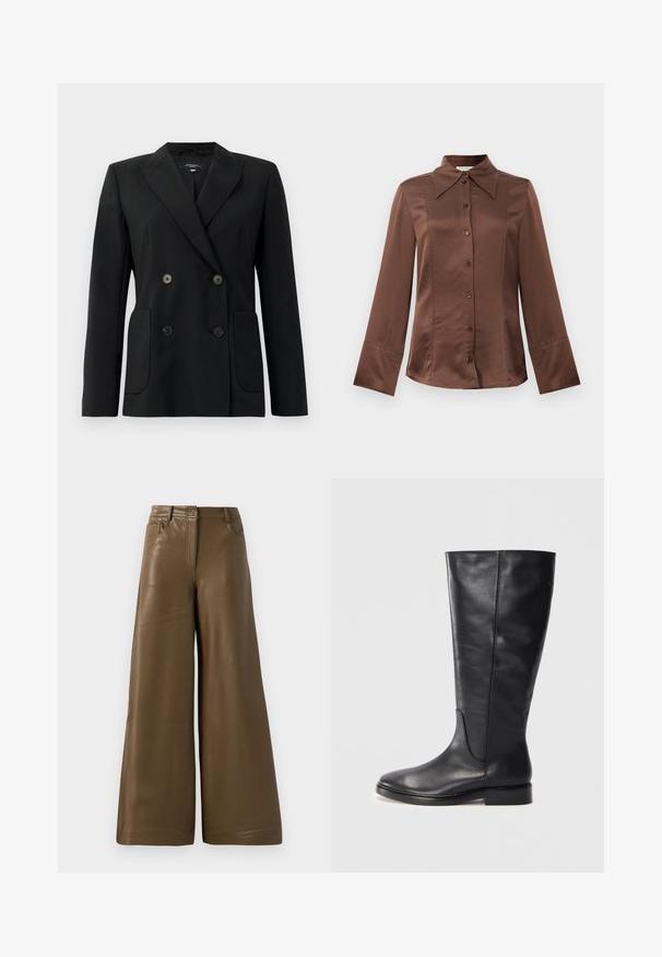 Črn dvoredni blazer iz strukturirane tkanine, z ovratnikom tipa notch, dvema sprednjima žepoma in štirimi črnimi gumbi.; Rjava satenska srajca s klasičnim ovratnikom, dolgimi rokavi in sprednjim zapiranjem na gumb. Zaznamuje jo gladka tekstura in prilagojen kroj.; Široke hlače iz gladkega, rjavega umetnega usnja. Imajo visok pas, štiri žepi in sprednji zadrgo. Raven vzorec in minimalističen dizajn.; Črne usnjene škornje do kolen z nizko peto in zaobljenim prstom, ki prikazuje šive vzdolž šahta in zgornjega dela.