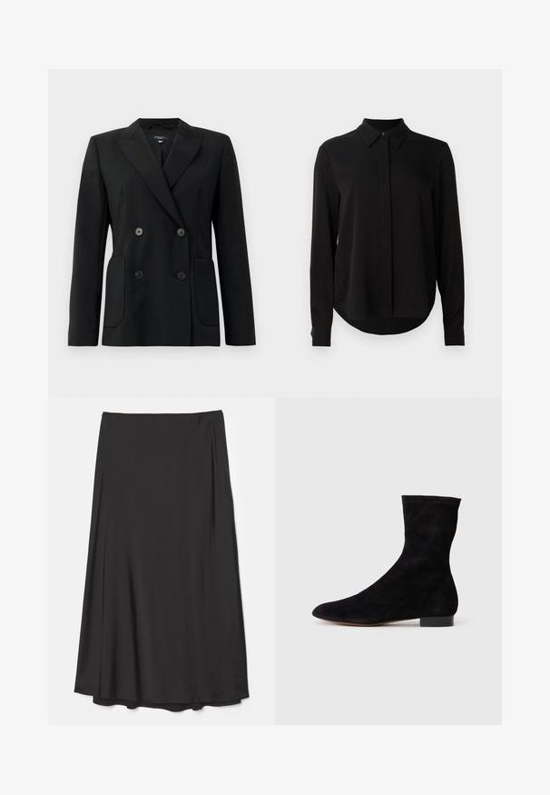 Čierny dvojradový blejzer vyrobený z pevnej látky, s klopami, dvoma prednými vreckami a štyrmi čiernymi gombíkmi.; Čierna blúzka s dlhým rukávom, špicatým golierom, skrytou gombíkovou légou a zakriveným lemom na jasne bielom pozadí.; Čierna sukňa po kolená vyrobená z hladkej látky; má voľný strih s jemnými záhybmi a bez viditeľných zapínaní.; Čierne semišové členkové topánky s priliehavým zvrškom, špicatou špičkou a nízkym blokovým opätkom. Hladká textúra a minimalistický dizajn, vhodné na všestranné kombinovanie.