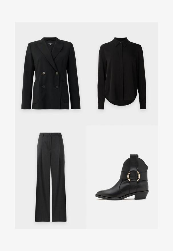Svart dubbelknäppt blazer i strukturerad tyg, med snedskärning på slag, två framfickor och fyra svarta knappar.; Svart långärmad blus med spetsig krage, dold knappslå och rundad nederkant mot en enfärgad vit bakgrund.; Grå randiga byxor med rak bensdesign, med knappstängning och veck fram. Tillverkade av ett slätt material.; Svart läderankelboot med spetsig tå, med ett brett band med en guldring som accent och en låg, avsmalnande klack. Slät textur.
