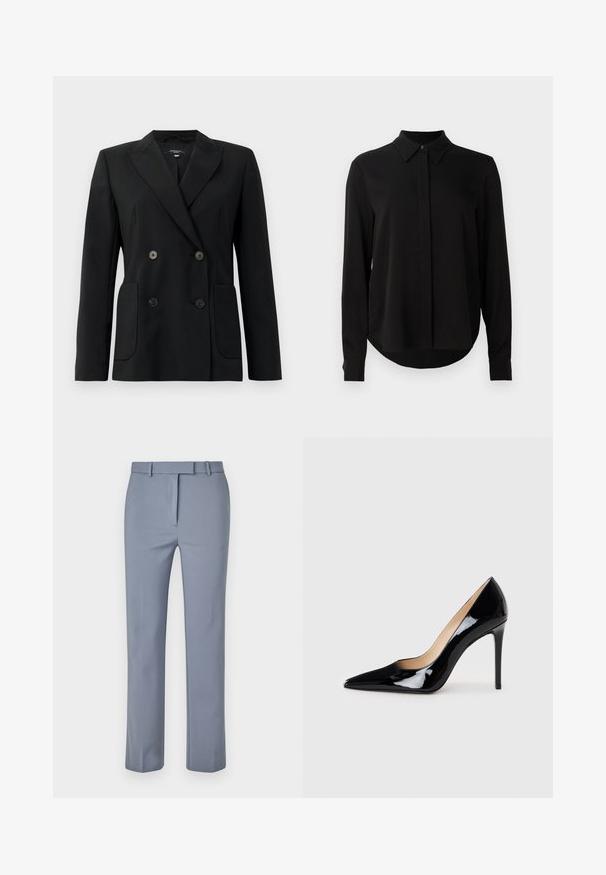 Blazer negro de doble botonadura, hecho de una tela estructurada, con solapas de muesca, dos bolsillos frontales y cuatro botones negros.; Blusa negra de manga larga con cuello puntiagudo, tapeta de botones oculta y dobladillo curvado sobre un fondo blanco liso.; Pantalones de color azul claro, confeccionados en tejido suave, con un diseño de frente plano, trabillas para cinturón y un ajuste entallado con piernas rectas.; Zapato de tacón alto de charol negro con un diseño de punta afilada y una silueta elegante. Presenta un acabado suave y brillante y un tacón de aguja esbelto.