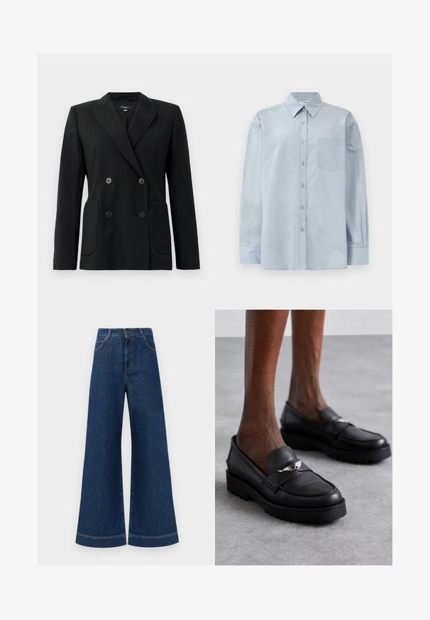 Črn dvoredni blazer iz strukturirane tkanine, z ovratnikom tipa notch, dvema sprednjima žepoma in štirimi črnimi gumbi.; Svetlo modra srajca z dolgimi rokavi in gumbi, s poudarjenim ovratnikom in žepom na prsih, razprostrta na beli podlagi.; Svetlo modri jeans širokih nogavic z visokim pasom, ki imajo zaponko, težke zanke za pas in subtilne šive ob žepih in robovih.; Črne usnjene loafer čevlji z zaobljenim nosom, ki imajo srebrni detajl na pasu in debel, teksturiran podplat za boljši oprijem.