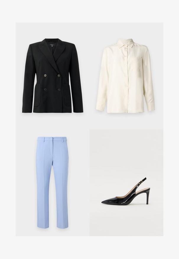 Fekete, kétsoros zakó, amely strukturált anyagból készült, kihajtott gallérral, két elülső zsebbel és négy fekete gombbal rendelkezik.; Krém színű, hosszú ujjú, gombos ing sima anyagból, széles gallérral és egyetlen mellzsebbel. Minimális dizájn és puha textúra.; Világoskék, testre szabott nadrág, sima elülső résszel, két oldalsó zsebbel és finom gyűrődésekkel, amelyek végigfutnak a lábak elülső részén.; Fekete lakk bőr kötött magassarkú cipő, hegyes orral és karcsú sarokkal, finom kivágásos dizájnnal. Az övön arany csatt található.