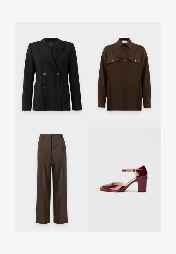 Crni dvostruki sako od čvrstog materijala, s reverima, dva prednja džepa i četiri crna dugmeta.; Tamno smeđa dugosleeve košulja s dugim rukavima i dugmadi, s dva džepa s preklopom na prsima i klasičnim ovratnikom, prikazana na jednostavnoj bijeloj pozadini.; Smeđi široki hlače s glatkom teksturom, s visokim strukom, prednjim nabranima i krojem po mjeri. Nema vidljivih džepova ili ukrasa.; Burgundska lakirana cipela s šiljastim nosom, remenčićem oko gležnja i blok potpeticom. Ima rezani dizajn duž strana.