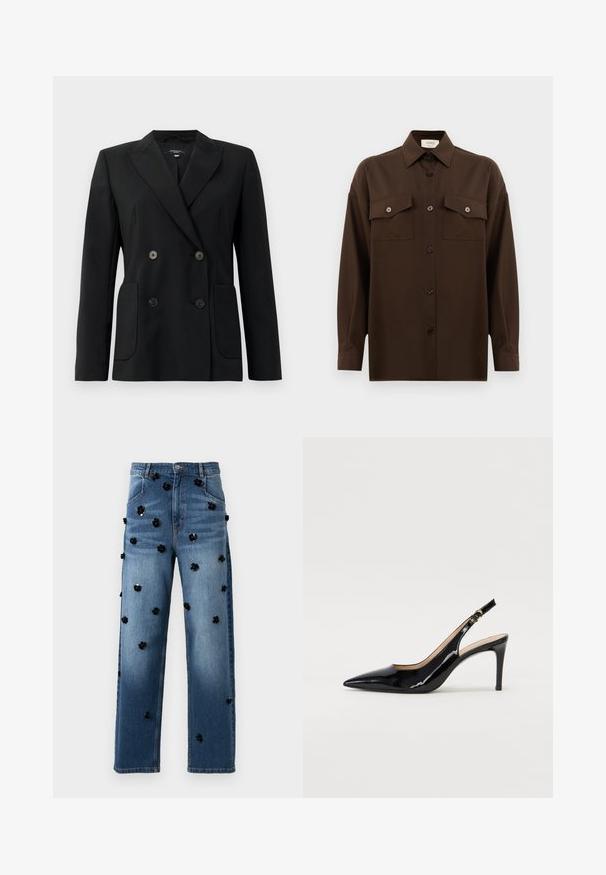 Čierny dvojradový blejzer vyrobený z pevnej látky, s klopami, dvoma prednými vreckami a štyrmi čiernymi gombíkmi.; Tmavohnedá košeľa s dlhým rukávom, na gombíky, s dvoma vreckami na hrudi a klasickým golierom, umiestnená na jednoduchom bielom pozadí.; Džínsy s rovnými nohavicami, stredne modrý pranie a aplikácie čiernych flitrových kvetín rozmiestnené po látke.; Čierne lakované kožené slingback lodičky s špicatou špičkou, štíhlým podpätkom a jemným výrezom. Obsahuje zlatú pracku na remienku.