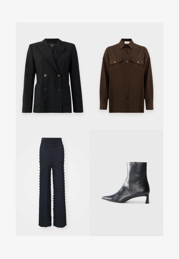 Black double-breasted blazer made of structured fabric, featuring notch lapels, two front pockets, and four black buttons.; Dark brown long-sleeve button-up shirt with two flap chest pockets and a classic collar, displayed against a plain white background.; Wide-leg pants in dark gray fabric featuring wave-like textured pattern, high waist, and a smooth finish with a structured shape.; Black leather ankle boot with a pointed toe and a sleek design. Features a low heel and a zipper closure at the back. Smooth texture.