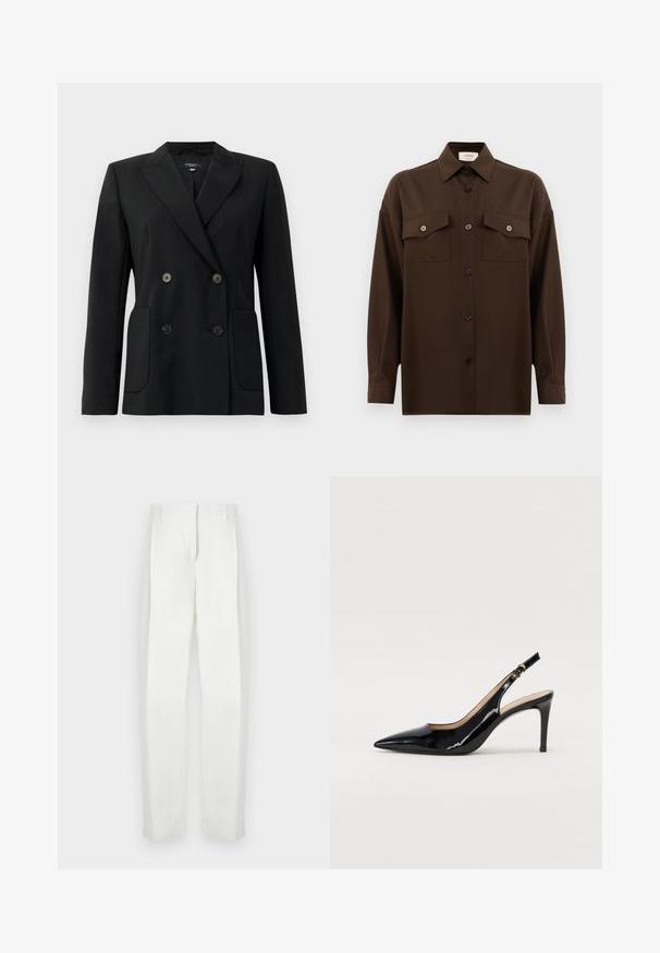 Blazer noir croisé en tissu structuré, avec des revers en pointe, deux poches avant et quatre boutons noirs.; Chemise à manches longues brun foncé avec boutons, dotée de deux poches poitrine à rabat et d'un col classique, présentée sur un fond blanc uni.; Paul Smith Pantalon classique - white; Pompe slingback en cuir verni noir avec un bout pointu, un talon fin et un design de découpes subtil. Elle dispose d'une boucle dorée sur la sangle.