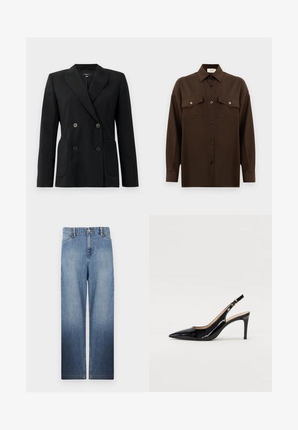Zwarte dubbelgebreide blazer van gestructureerde stof, met notch revers, twee voord pockets en vier zwarte knopen.; Donkerbruin langarm overhemd met knopen, voorzien van twee zakken met klep op de borst en een klassieke kraag, weergegeven tegen een effen witte achtergrond.; Lichtblauwe spijkerbroek met rechte pijpen, een vervagingseffect, vijf zakken en een metalen knoopsluiting bij de taille.; Zwarte gepatineerde leren slingback pump met een puntige neus, slanke hak en een subtiel uitgesneden ontwerp. Bevat een gouden gesp op de band.