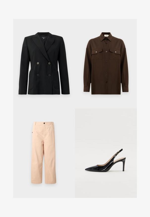 Fekete, kétsoros zakó, amely strukturált anyagból készült, kihajtott gallérral, két elülső zsebbel és négy fekete gombbal rendelkezik.; Sötétbarna, hosszú ujjú, gombos ing, két zsebével a mellén és klasszikus gallérral, egyszerű fehér háttér előtt bemutatva.; Beige színű, pamut anyagú, bokáig érő nadrág egyenes szabással, amelyen egy gomb található a derékrészen, valamint oldalsebeken. Simább textúra minták nélkül.; Fekete lakk bőr kötött magassarkú cipő, hegyes orral és karcsú sarokkal, finom kivágásos dizájnnal. Az övön arany csatt található.