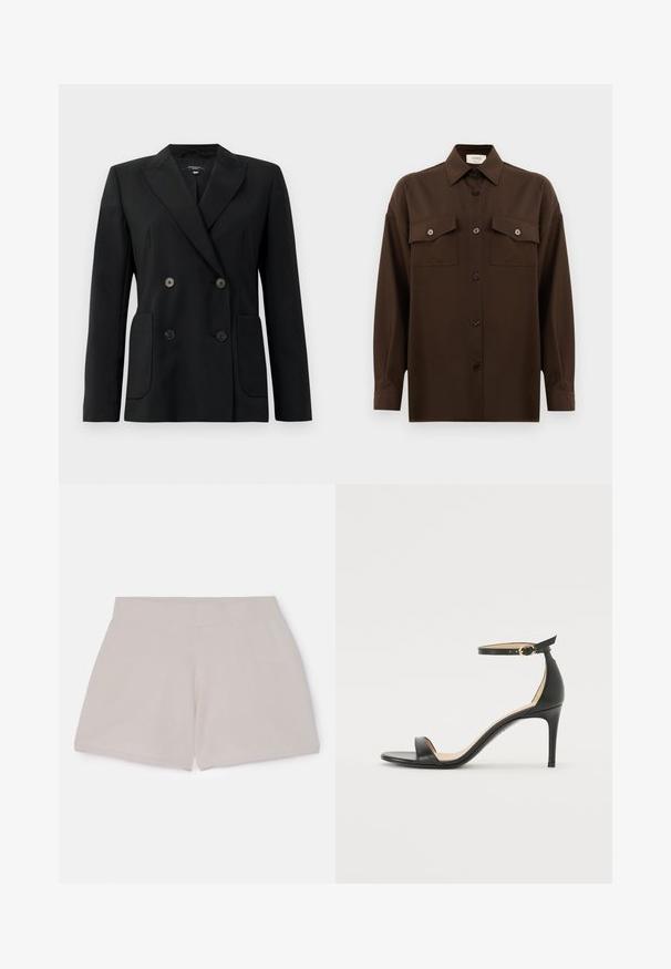 Blazer negru cu două rânduri de nasturi, realizat dintr-un material structurat, având rever cu decupaj, două buzunare frontale și patru nasturi negri.; Cămașă lungă, cu mâneci lungi, de culoare maro închis, cu două buzunare frontale cu clapetă și guler clasic, expusă pe un fundal alb simplu.; Șorturi bej din bumbac cu talie elastică, având un finisaj texturat, cu o croială dreaptă și fără buzunare sau detalii vizibile.; Sandale cu toc înalt din piele neagră, cu barete pentru glezne. Prezintă o textură netedă, vârf deschis și un toc subțire. Detalii cu cataramă de culoare aurie.
