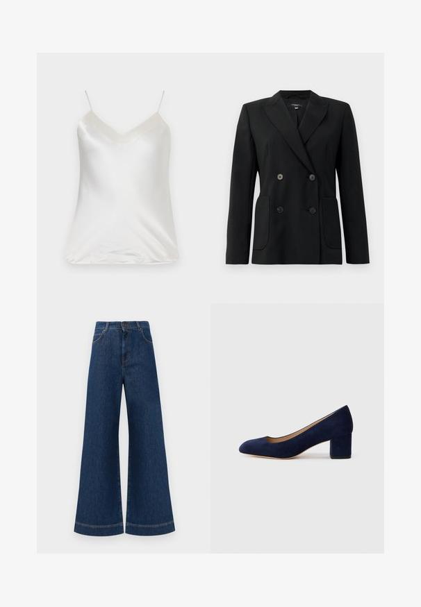 Blazer nero doppiopetto realizzato in tessuto strutturato, con rever a forma di pescante, due tasche frontali e quattro bottoni neri.; Paul & Joe VBOTANIC - Camicetta - ecru; Jeans in denim blu a gamba larga con vita alta, dotati di chiusura a bottone, passanti per cintura e dettagli di cucitura sottili lungo le tasche e i orli.; Pump in suede blu Navy con punta affusolata e tacco blocco di media altezza. Texture liscia con una leggera lucentezza e un piccolo taglio sul davanti.