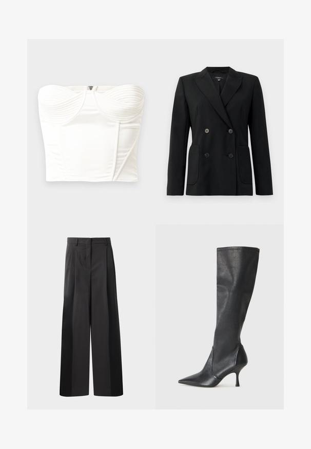 Fekete, kétsoros zakó, amely strukturált anyagból készült, kihajtott gallérral, két elülső zsebbel és négy fekete gombbal rendelkezik.; Fehér, ujjatlan top, bordázott részletekkel a mellen, sima selyemfényű anyagból, merevített fazonban, rejtett hátzipzárral.; Fekete, bő szárú nadrág magas derékkal, elöl plissékkel, sima felülettel és igényes kidolgozással. Kényelmes viseletre tervezve.; Térd fölötti fekete bőr csizmák hegyes orral és karcsú stiletto sarkal. Simább textúrájúak, jól illeszkedő kialakítással és varrással a tetején.