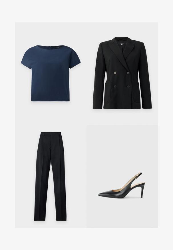 Mustvalge topeltkinnitatud bleiser, mis on valmistatud jäigast kangast, millel on kraed, kaks esist pocketit ja neli musta nööpi.; Tummblue lühikeste varrukatega pluus, ümmargune kaelus, sile kangas, lõdva lõikega, millel on tagasihoidlik tagakinnitus ja minimaalsed õmblustead.; Mustad püksid siledast kangast, millel on kõrge vöökoht, laiad jalad, esimesed kortsud ja klassikalised vööloopid. Küljepockets pole nähtavad.; Mustad nahast seljataga kõrged kontsad, kellel on terav varvas, reguleeritav rihm ja sujuva viimistlusega stiilne stiletto konts.