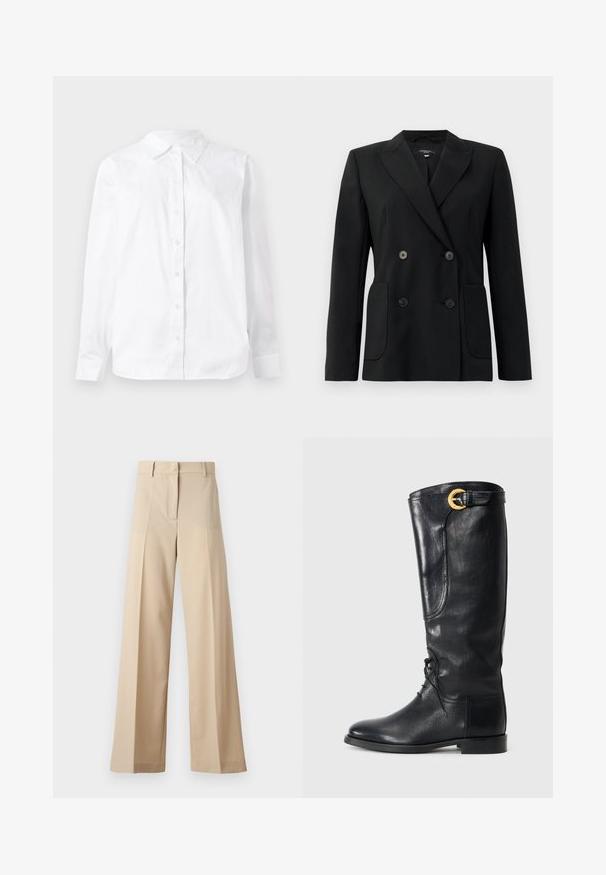Czarna podwójnie zapinana marynarka z wytrzymałego materiału, z klapami w kształcie klina, dwiema przednimi kieszeniami i czterema czarnymi guzikami.; Biała koszula z długim rękawem, zapinana na guziki, wykonana z bawełny, z kołnierzykiem w kształcie spiczastym i prostym krojem o gładkiej fakturze.; Beżowe spodnie o szerokich nogawkach wykonane z gładkiego materiału, z płaskim przodem i zakładkami, z zapięciem na zamek i pętelkami na pasek. Dopasowany krój.; Czarne skórzane buty sięgające do kolan z okrągłym noskiem, sznurowanym przodem, bocznym detalem oraz złotym akcentem w postaci klamry na górze. Gładka faktura.