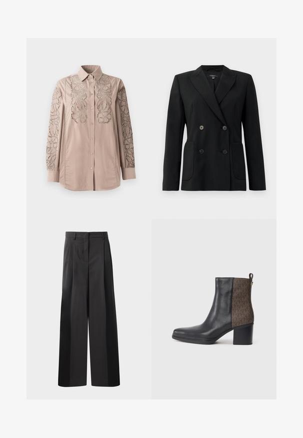 Schwarzer, doppelt gefütterter Blazer aus strukturiertem Stoff, mit Reverskragen, zwei Vordertaschen und vier schwarzen Knöpfen.; Hellbeige Hemd mit Knopfleiste und aufwendiger, spitzenähnlicher Blumenstickerei an den Ärmeln. Weicher Stoff mit strukturiertem Kragen und langen Ärmeln.; Schwarze, weit geschnittene Hose mit hoher Taille, versehen mit Frontfalten, einer glatten Textur und einem maßgeschneiderten Finish. Entworfen für eine lockere Passform.; Schwarze Leder Stiefelette mit einem strukturierten braunen Muster an der Seite, einem Blockabsatz und einer Schlaufe für einfaches Anziehen.