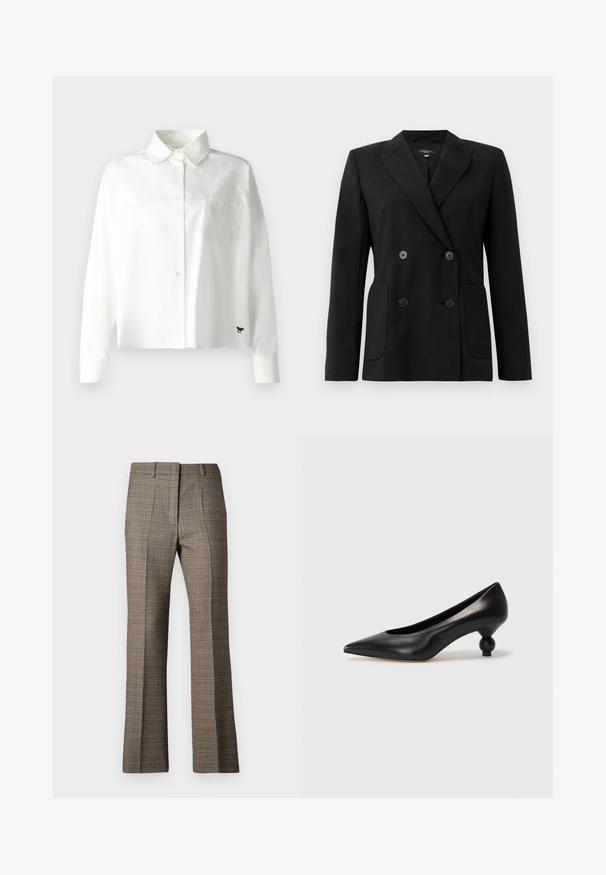 Zwarte dubbelgebreide blazer van gestructureerde stof, met notch revers, twee voord pockets en vier zwarte knopen.; WEEKEND MaxMara Overhemdblouse - bianco; Bruine geruite broek met een rechte pijp, uitgerust met een gestructureerde stof en subtiele kleuren van beige en donkerbruin door het patroon.; Zwarte leren hoge hak schoen met een spitse neus en een ronde, bolle hak. Gladde textuur met een elegant, minimalistisch ontwerp.