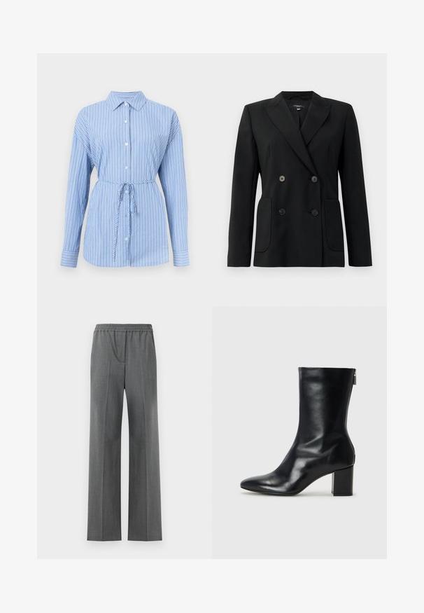 Juodas dvigubas švarkas, pagamintas iš struktūruotos medžiagos, su išpjautomis atlapomis, dviem priekinėmis kišenėmis ir taisyklingais juodais mygtukais.; Šviesiai mėlyna marškininė bluzonė su baltais vertikaliais dryžiais. Su apykakle, ilgomis rankovėmis ir juosmens raišteliu formavimui.; Pilkos plačios kojos kelnės su elastinga juosmens juosta, pagamintos iš tekstūruotos medžiagos, turinčios subtilų pynimo raštą.; Juodų odinių kulkšninių botų su smailiu nosiu ir 4 cm pločio bloku. Išskirtinis dizainas pasižymi šoniniu užtrauktuku, leidžiančiu lengvai apsiauti. Lygi tekstūra.