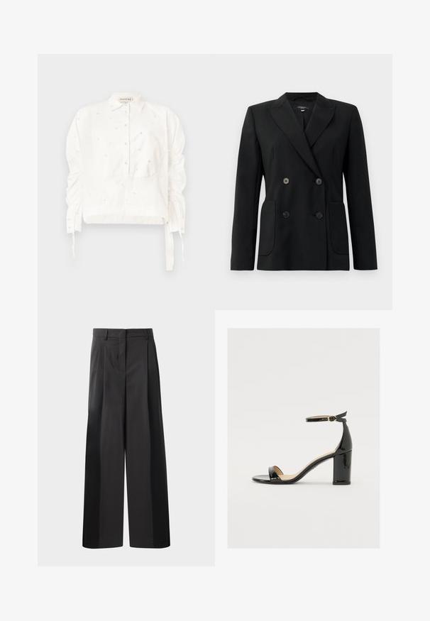 Musta kaksirivinen bleiseri, joka on valmistettu jämäkästä kankaasta ja jossa on asetelmalapelit, kaksi etutaskua ja neljä mustaa nappia.; Valkoinen lyhythihainen puuvillapaita, jossa on napitettava etuosa, kerrotut hihat ja koristeelliset helmet ympäriinsä.; Mustat, leveälahkeiset housut korkealla vyötäröllä, etupleiteillä, sileällä pinnalla ja huolitellulla viimeistelyllä. Suunniteltu rentoon istuvuuteen.; Mustat patenttinahtiset sandaalit, joissa on leveä korko, avoin varvas ja nilkkahihna, jossa on kultainen solki. Suora pinta ja tyylikäs muotoilu.