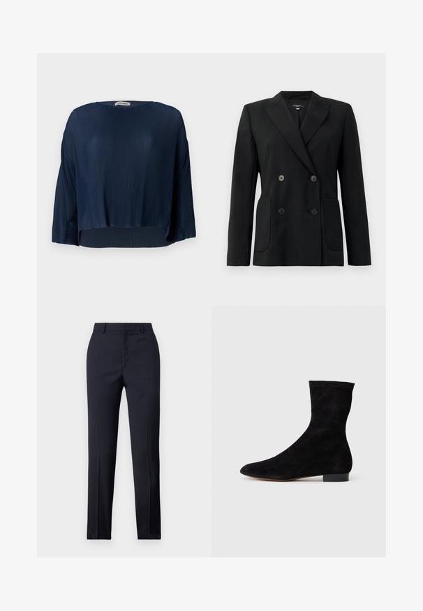 Melnā dubultā jaciņa, kas izgatavota no strukturēta auduma, ar griezumiem pie apkakles, divām priekšējām kabatām un četriem melniem pogām.; Jūras spēku zilas ribotas blūzes ar noapaļotu izgriezumu, platām piedurknēm un īsu apakšmalu. Audums ir mīksts, ar struktūru un brīvu piegriezumu.; Jūras spēku stila bikses ar taisnu griezumu, ar gludu tekstūru, divām priekšējām kabatām un tīru jostas vietu.; Melnas zamšādas potīšu zābaki ar piegulošu kāju daļu, smailu purngalu un zemu bloku papēdi. Gluda tekstūra un minimālistisks dizains, piemērots dažādai stilizācijai.