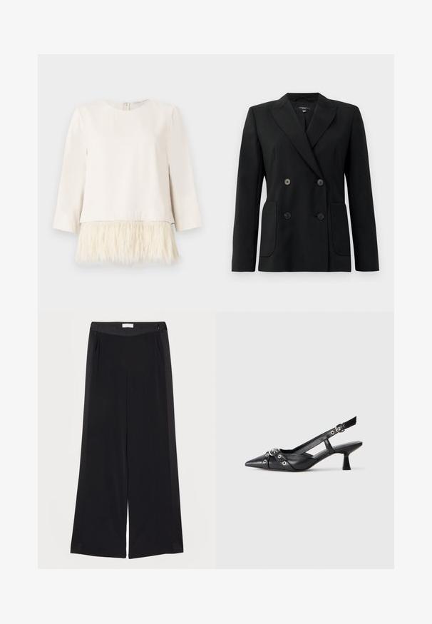 Čierny dvojradový blejzer vyrobený z pevnej látky, s klopami, dvoma prednými vreckami a štyrmi čiernymi gombíkmi.; Dlhý rukáv top v krémovej farbe s mäkkým, textúrovaným umelým kožušinovým lemom. Okrúhly výstrih so zipsom na zadnej strane. Hladká látka navrchu a huňatý lem dole.; Široké čierne nohavice vyrobené z hladkej tkaniny, s plochým pásom, skladmi a bočnými vreckami. Čisté línie s minimálnymi detailmi.; Čierne kožené slingback topánky s špicatou špičkou, ozdobnými popruhmi s kovovými očkami a nízkym blokovým podpätkom. Textúrovaný povrch.