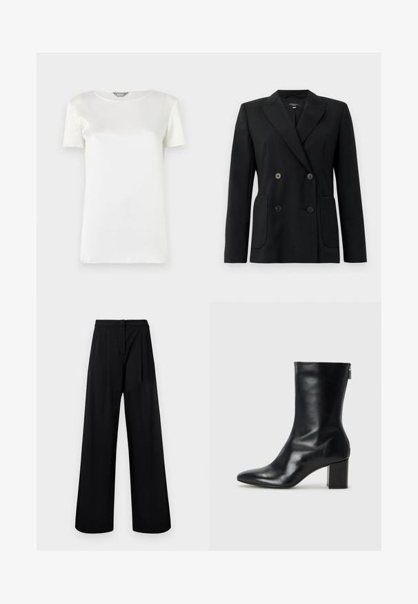 Fekete, kétsoros zakó, amely strukturált anyagból készült, kihajtott gallérral, két elülső zsebbel és négy fekete gombbal rendelkezik.; Fehér, rövid ujjú blúz sima selyemből, kerek nyakkal és minimális varrással. Tiszta, egyszerű dizájn, lágy textúrával.; Fekete, bőszárú nadrág sima anyagból, magas derékkal és pliszírozott részletekkel. Nincsenek látható díszítések vagy minták.; Fekete bőr bokacipő hegyes orral és 4 cm-es blokkfallal. Simán díszített designja oldalra nyíló cipzárral rendelkezik, ami megkönnyíti a felvételt. Simább textúrával.