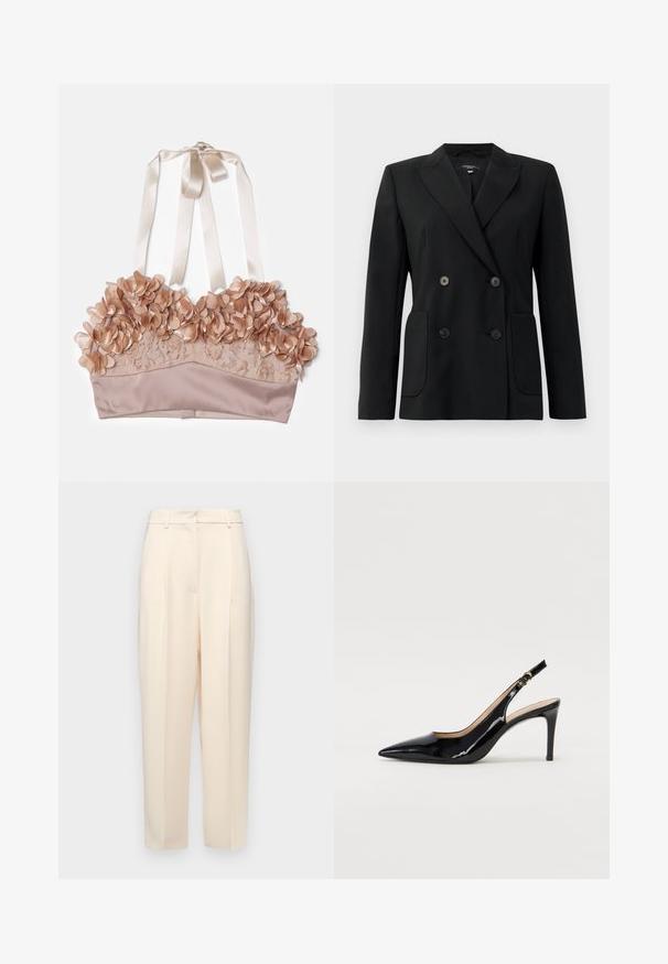 Schwarzer, doppelt gefütterter Blazer aus strukturiertem Stoff, mit Reverskragen, zwei Vordertaschen und vier schwarzen Knöpfen.; Hautfarbener Bralette mit floralen Verzierungen, Spitzenstoff, satinierter Unterlage und verstellbaren Satinbändern.; Beige maßgeschneiderte Hose mit geradem Schnitt, mit Falten an der Vorderseite, einer glatten Textur und einer mittelhohen Taille. Keine sichtbaren Taschen.; Schwarz lackierte Slingback-Pumps mit spitzem Zehenbereich, schlankem Absatz und einem subtilen Ausschnittdesign. Verfügt über eine goldene Schnalle am Riemen.