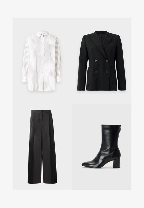 Čierny dvojradový blejzer vyrobený z pevnej látky, s klopami, dvoma prednými vreckami a štyrmi čiernymi gombíkmi.; Biela košeľa s dlhým rukávom s vertikálnymi pruhmi v svetlomodrej a ružovej farbe. Má zapínanie na gombíky vpredu a špicatý golier. Mäkká látka.; Čierne široké nohavice s vysokým pásom, so záhybmi vpredu, hladkou textúrou a prispôsobeným strihom. Navrhnuté pre uvoľnený strih.; Čierne kožené členkové topánky s špicatou špičkou a blokovým podpätkom vysokým 4 cm. Elegantný dizajn obsahuje bočný zips pre jednoduché obúvanie. Hladká textúra.