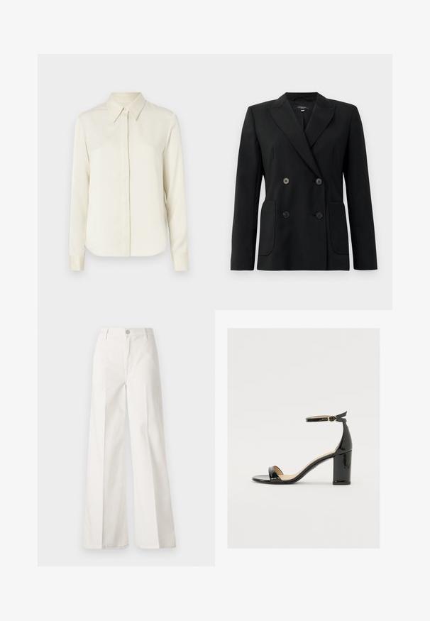 Black double-breasted blazer made of structured fabric, featuring notch lapels, two front pockets, and four black buttons.; Tiger of Sweden CELSA - Button-down blouse - ivory white; White wide-leg trousers made from cotton with a smooth texture. Features a front button, zipper fly, and four-pocket design.; Black patent leather sandal with a wide heel, open toe, and ankle strap featuring a gold buckle. Smooth texture and sleek design.