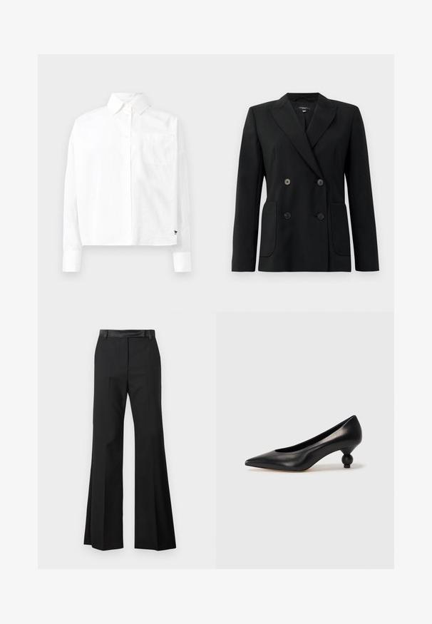 Blazer noir croisé en tissu structuré, avec des revers en pointe, deux poches avant et quatre boutons noirs.; Chemise blanche à manches longues avec col pointu, poche poitrine simple et manches à poignets. Fabriquée en tissu lisse et léger.; Pantalons évasés noirs avec une finition en tissu lisse, dotés d'une taille solide et de plis marqués pour une apparence soignée.; Chaussure à talon haut en cuir noir avec un bout pointu et un talon arrondi. Texture lisse avec un design épuré et minimal.