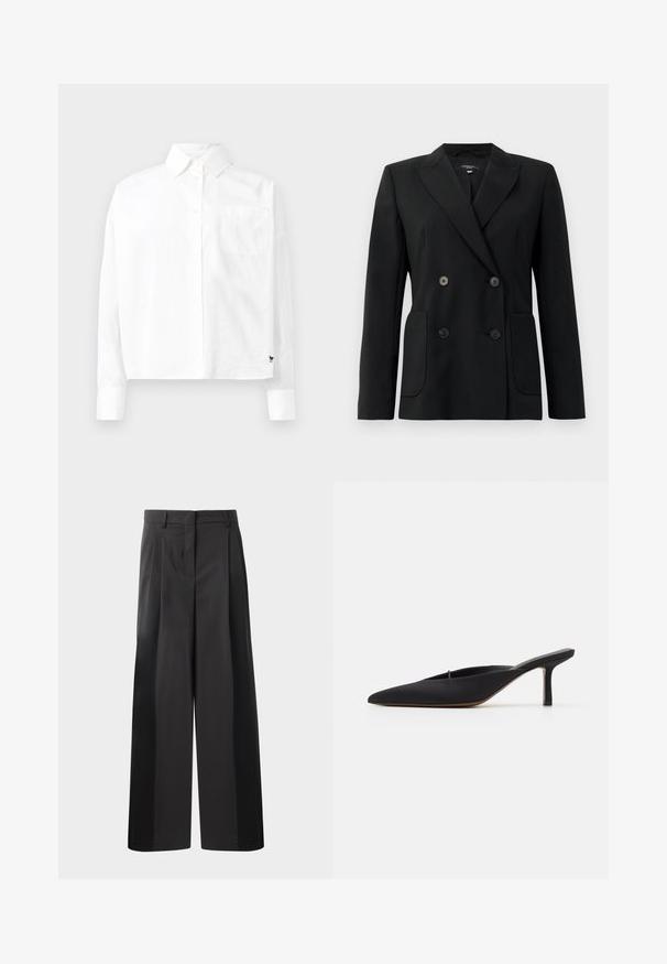 Blazer noir croisé en tissu structuré, avec des revers en pointe, deux poches avant et quatre boutons noirs.; Chemise blanche à manches longues avec col pointu, poche poitrine simple et manches à poignets. Fabriquée en tissu lisse et léger.; Pantalon large noir avec une taille haute, doté de plis avant, d'une texture lisse et d'une finition ajustée. Conçu pour un ajustement décontracté.; Mule noir à bout pointu avec un design élégant, fabriqué en tissu lisse, présentant un talon fin et un dos ouvert pour faciliter l'enfilage.