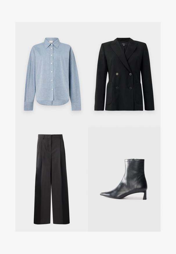 Blazer negru cu două rânduri de nasturi, realizat dintr-un material structurat, având rever cu decupaj, două buzunare frontale și patru nasturi negri.; Cămașă călcată de culoare albastru deschis, dintr-o țesătură ușoară, cu guler ascuțit, mâneci lungi și un tiv curbat. Detalii clasice cu nasturi.; Pantaloni negri cu talie înaltă, cu picioare largi, având pliseuri frontale, o textură netedă și un finisaj croit. Concepuți pentru o croială relaxată.; Cizmă de gleznă din piele neagră cu vârf ascuțit și un design elegant. Dispune de un toc mic și de o închidere cu fermoar la spate. Textură netedă.