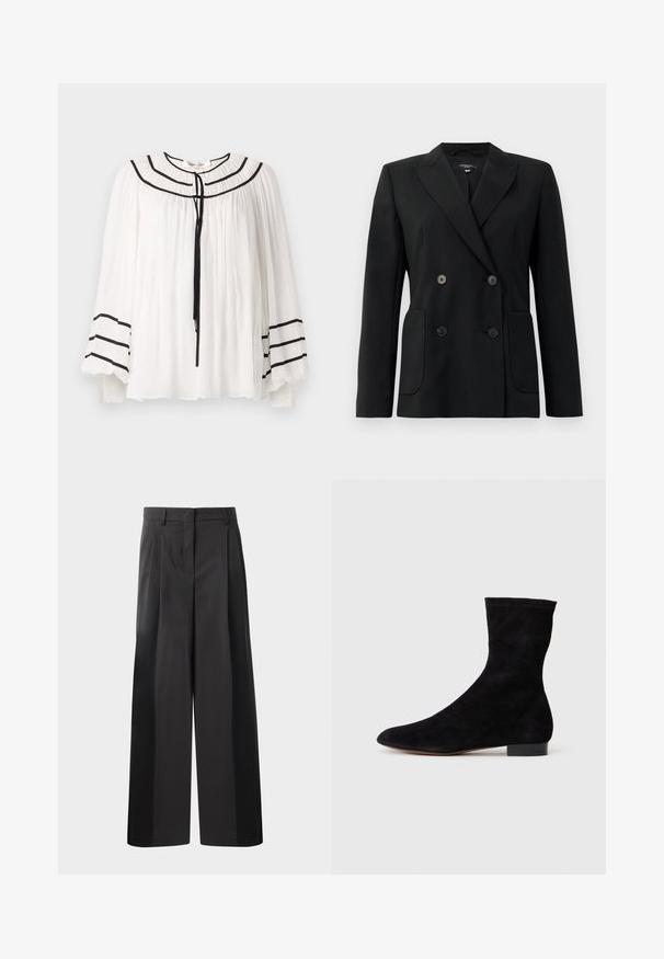 Svart dubbelknäppt blazer i strukturerad tyg, med snedskärning på slag, två framfickor och fyra svarta knappar.; Vit blus med långa ärmar, med svarta ränder och en plisserad textur. Rundad halsringning med snörning framtill.; Svarta byxor med vida ben och hög midja, med framveck, en slät textur och en skräddarsydd finish. Designade för en avslappnad passform.; Svart mocka ankelboots med en åtsittande skaft, spetsig tå och låg blockklack. Slät yta och minimalistisk design, lämplig för mångsidig styling.