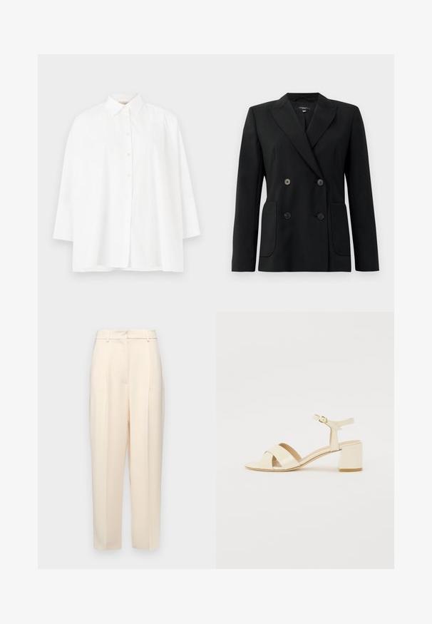 Black double-breasted blazer made of structured fabric, featuring notch lapels, two front pockets, and four black buttons.; White button-up shirt with a classic collar, long sleeves, and a relaxed fit. Smooth cotton fabric with no visible patterns or accents.; Beige tailored trousers with a straight fit, featuring pleats at the front, a smooth texture, and a mid-rise waist. No visible pockets.; Beige patent leather heeled sandals with cross strap design, open toe, adjustable ankle strap, and a block heel. Smooth texture.