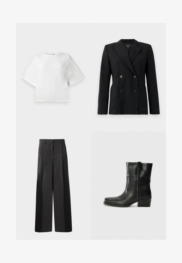 Blazer negro de doble botonadura, hecho de una tela estructurada, con solapas de muesca, dos bolsillos frontales y cuatro botones negros.; Camiseta blanca de manga corta con un escote redondo y detalles de encaje en las mangas. Fabricada con un tejido suave, presenta un corte ligeramente corto.; Pantalones de pierna ancha negros con cintura alta, que presentan pliegues en la parte delantera, una textura suave y un acabado a medida. Diseñados para un ajuste relajado.; Botín negro de cuero hasta el tobillo con punta redondeada, tacón cuadrado, cremallera lateral y detalles de costura en el empeine. Textura suave, diseño clásico.