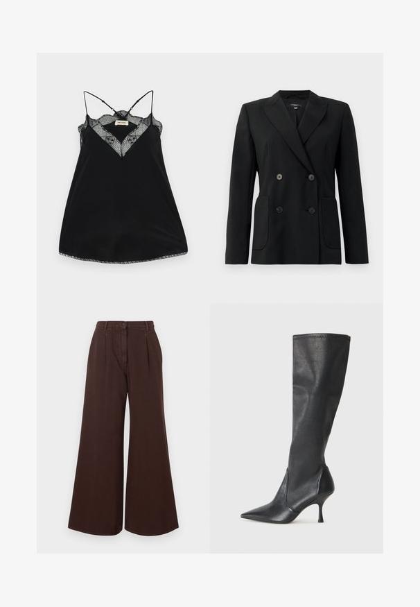 Melnā dubultā jaciņa, kas izgatavota no strukturēta auduma, ar griezumiem pie apkakles, divām priekšējām kabatām un četriem melniem pogām.; Melna topiņa ar regulējamiem siksniņām, ar mežģīņu kakla izgriezumu un viļņotām malām. Gluda auduma ar vieglu spīdumu.; Augstas jostas vidēja platuma brūni bikses ar pogu un rāvējslēdzēju, jostas cilpām un priekšējām krokām.; Ceļa auguma melni ādas zābaki ar smailu purngalu un šauru stiletto papēdi. Gluda tekstūra ar pieguļošu dizainu un izšuvumiem augšējā malā.