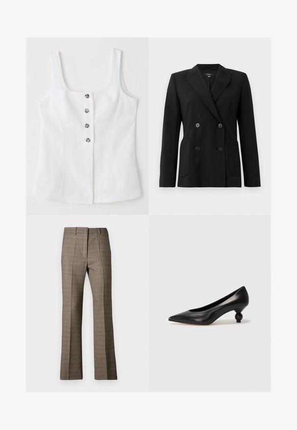 Schwarzer, doppelt gefütterter Blazer aus strukturiertem Stoff, mit Reverskragen, zwei Vordertaschen und vier schwarzen Knöpfen.; Weißes Leinenoberteil mit quadratischem Ausschnitt, fünf metallischen Knöpfen vorne und breiten Trägern. Glatte Textur und taillierte Passform.; Braune karierte Hose mit geradem Bein, die aus einem strukturierten Stoff gefertigt ist und dezente Farbtöne von Beige und dunkleren Brauntönen im Muster aufweist.; Schwarze Leder-Pumps mit spitzem Zehenbereich und runder, ballförmiger Ferse. Glatte Textur mit einem eleganten, minimalistischen Design.