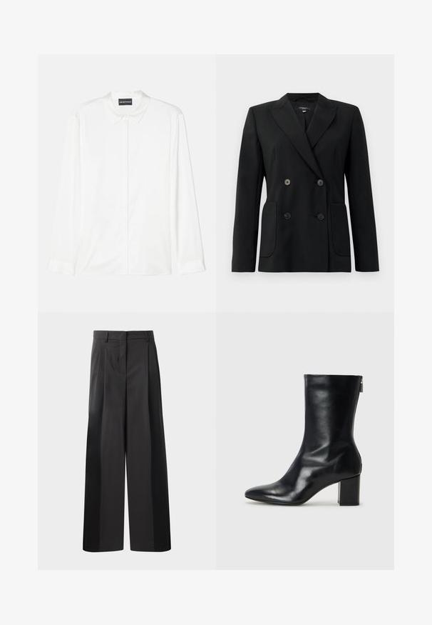 Sort dobbeltradet blazer lavet af struktureret stof, med klapkrave, to forlommer og fire sorte knapper.; Hvid skjorte med lange ærmer lavet af glat stof, med klassisk krave, knaplukning foran og enkle manchetter med et rent, minimalistisk design.; Sort brede bukser med høj talje, med folder foran, en glat tekstur og en skræddermæssig finish. Designet til en afslappet pasform.; Sorte læder ankelstøvler med spids tå og 4 cm blokhæl. Det slanke design har en sidelukning for nem påtagning. Glat tekstur.