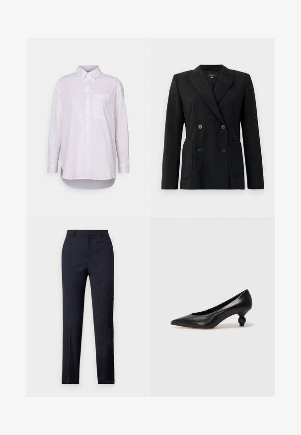 Black double-breasted blazer made of structured fabric, featuring notch lapels, two front pockets, and four black buttons.; MAX&Co. BARI - Button-down blouse - weiss; Navy tailored trousers with a straight cut, featuring a smooth texture, two front pockets, and a clean waistband.; Black leather high heel shoe with a pointed toe and a round, balled heel. Smooth texture with a sleek, minimal design.