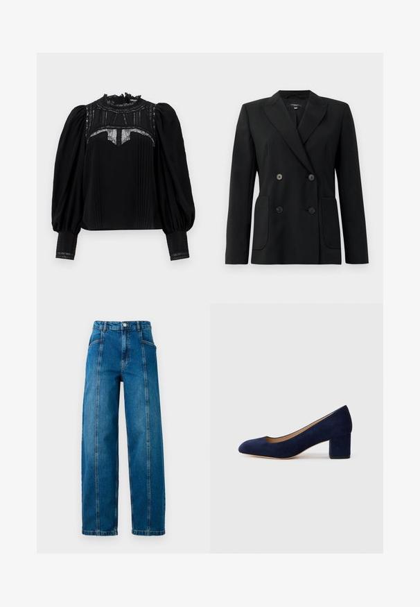 Črn dvoredni blazer iz strukturirane tkanine, z ovratnikom tipa notch, dvema sprednjima žepoma in štirimi črnimi gumbi.; Črna bluza z visokim čipkastim ovratnikom, nabranim sprednjim delom in napihnjenimi rokavi. Čipkasti detajli ob izrezu in manšetah dodajajo posebno noto. Gladka tekstura.; Visoko pasom modre kavbojke širokih nogavic, s sprednjimi navpičnimi šivi, stranskimi žepi, luknjami za pas in gumbnim zapiranjem.; Temno modri nubuk čevlji s koničastim nosom in srednje visokim blokom. Gladka tekstura z diskretnim sijajem in majhnim izrezom spredaj.