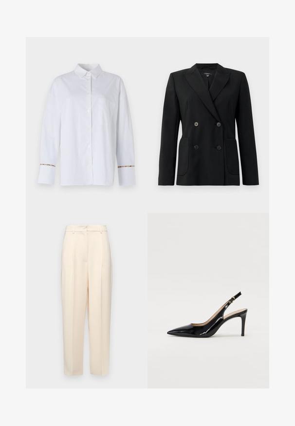 Schwarzer, doppelt gefütterter Blazer aus strukturiertem Stoff, mit Reverskragen, zwei Vordertaschen und vier schwarzen Knöpfen.; Weißes Langarm-Hemd mit Knopfleiste aus glattem Stoff, ausgestattet mit einer Brusttasche und bunten gestreiften Akzenten an den Manschetten.; Beige maßgeschneiderte Hose mit geradem Schnitt, mit Falten an der Vorderseite, einer glatten Textur und einer mittelhohen Taille. Keine sichtbaren Taschen.; Schwarz lackierte Slingback-Pumps mit spitzem Zehenbereich, schlankem Absatz und einem subtilen Ausschnittdesign. Verfügt über eine goldene Schnalle am Riemen.